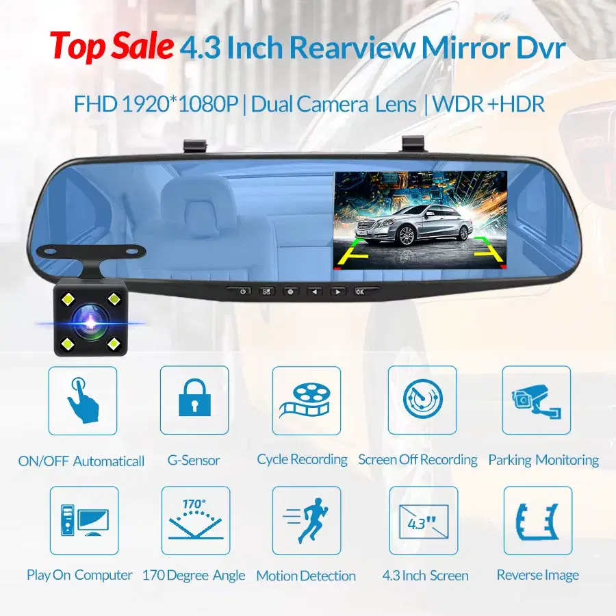 Espejo Retrovisor Carro Cámara Frontal Retroceso Fullhd 1080