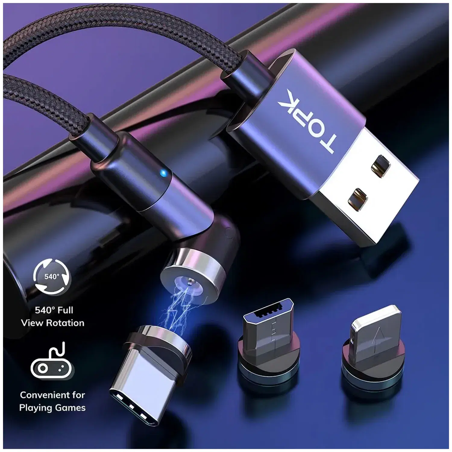 Cable De Carga Magnética 3 En 1, Auto Usb / Tipo C / Tipo Ip
